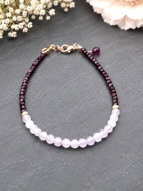 Handmade Natural Rhodolite Garnet & Kunzite Bracelet | 14K Rose Gold Filled
